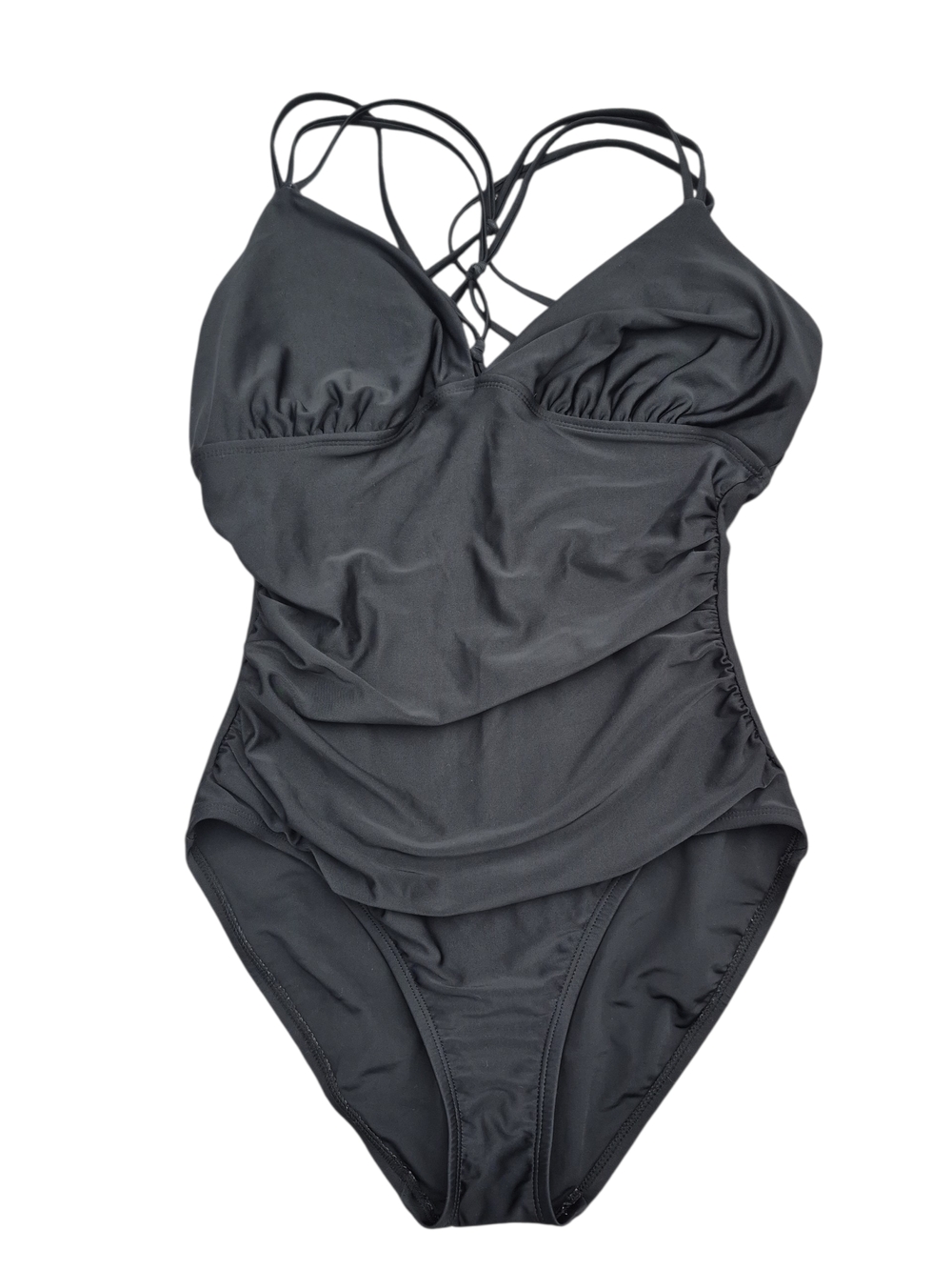 Black One Piece Swimsuit Criss Cross Back Ruched Medium